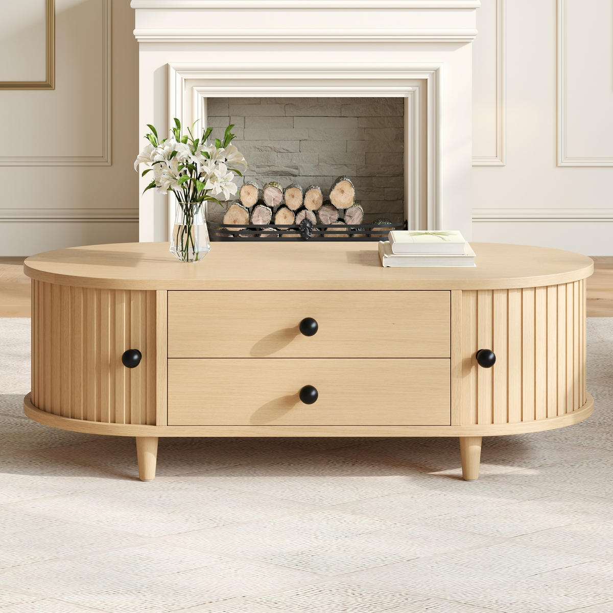 COUCHTISCH Naturfarben mit 2 Schubladen und Rolltüren 100/50/36 cm - Naturfarben, Holzwerkstoff (50/100/36cm) - PANGIVO