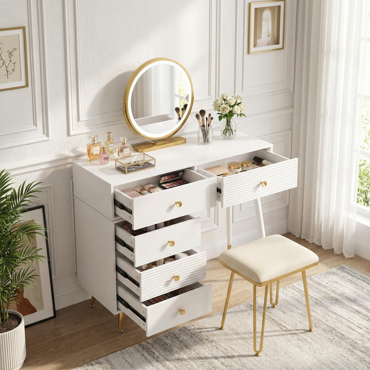 SCHMINKTISCH in Weiß mit LED-Touch-Spiegel & flexiblem Seitenschrank - Weiß, Holzwerkstoff (100/78/40cm) - Urban Meuble