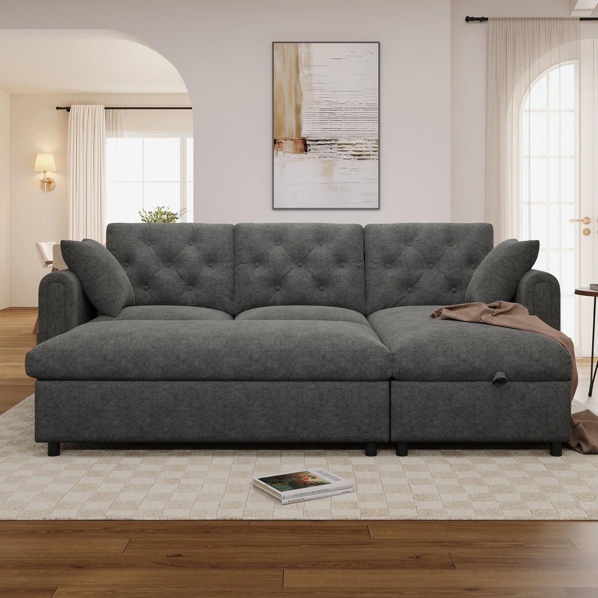 SOFA Baršun L Oblik s Tabureom 219x131x86 cm Siva - siva, tekstil (219/86/131cm) - FLIEKS