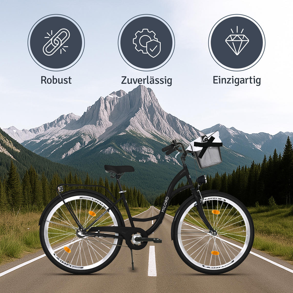 CITY-FAHRRAD Milord mit Metallkorb, 26 Zoll, Schwarz, 3-Gang - Schwarz, Metall (46cm) - Milordbikes