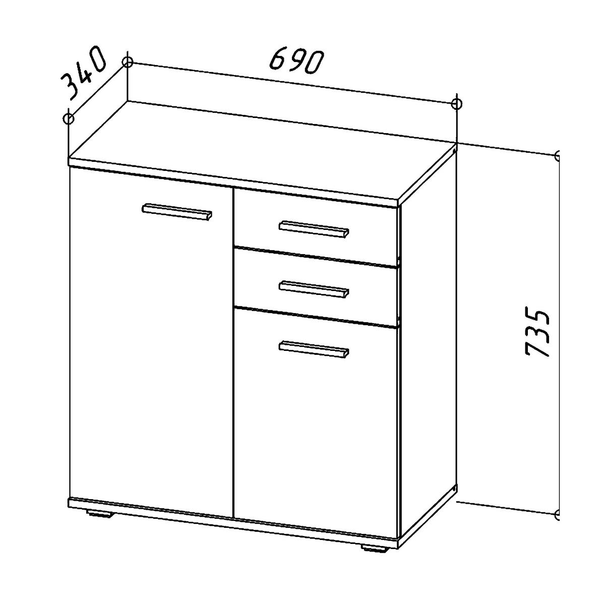 SIDEBOARD FAUSKE KOM1-2D Eiche Sonoma Weiß - Silberfarben/Weiß, Holzwerkstoff/Kunststoff (69/74/34cm) - Komodee