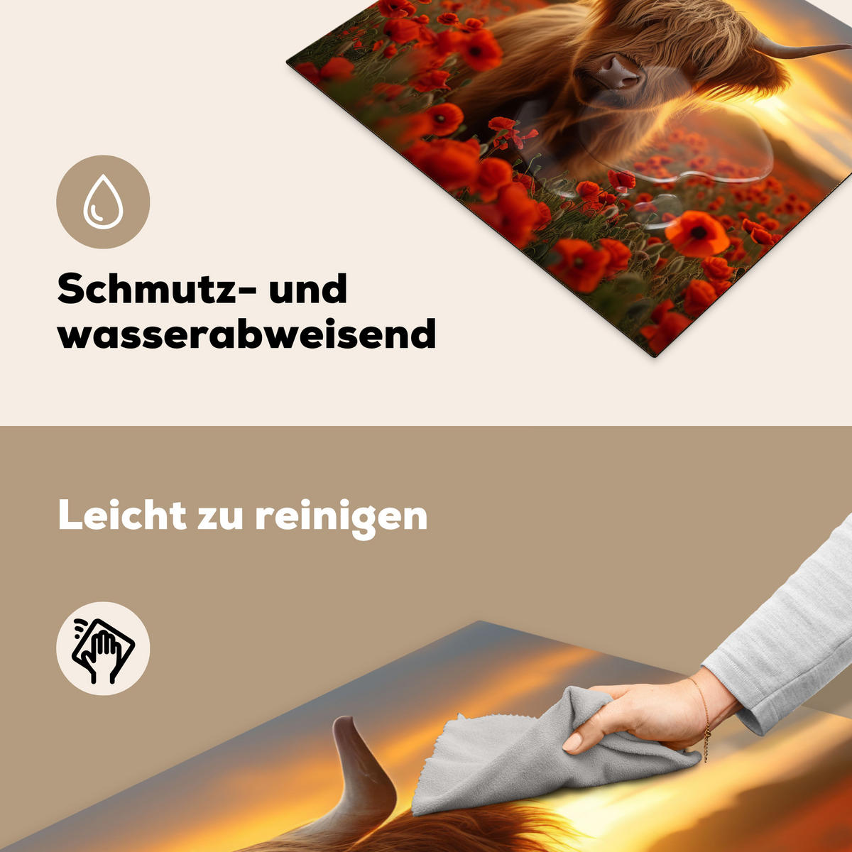 HERDABDECKPLATTE Schottische Highlander - Rosen - Blumenfeld - Sonnenuntergang Herdabdeckung Induktionsfeld 65x52 cm - Rotbraun, Kunststoff (65/52/0.2cm) - MuchoWow