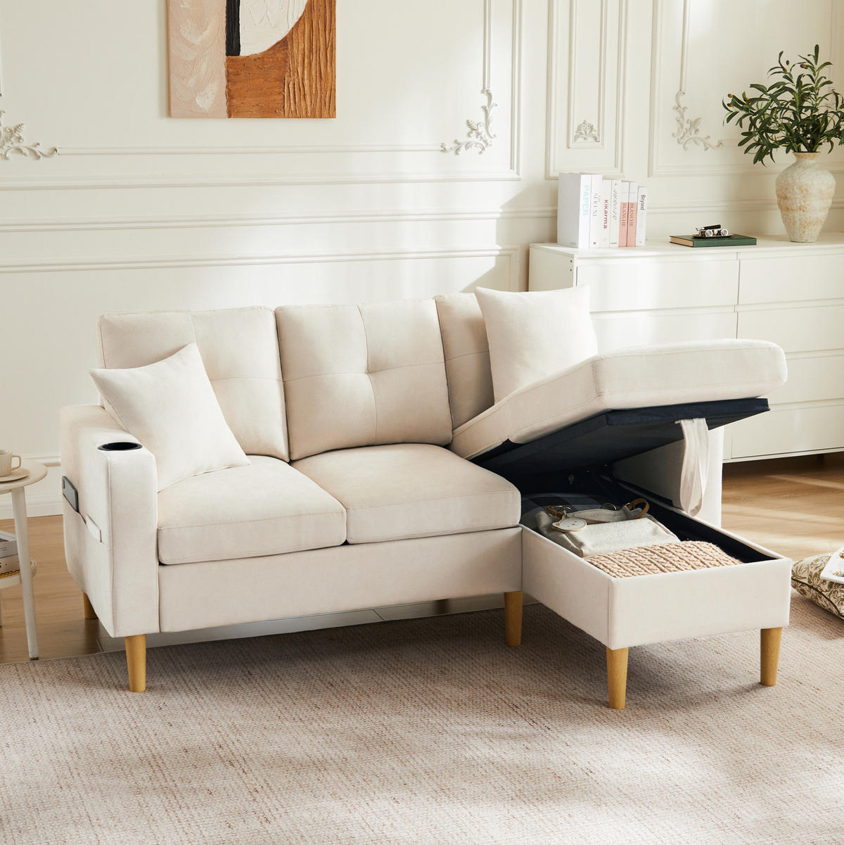 ECKSOFA L-Form Baumwoll-Leinen mit Stauraum und Getränkehaltern 175/129/90 cm Beige - Beige, Textil (175/129cm) - Redom