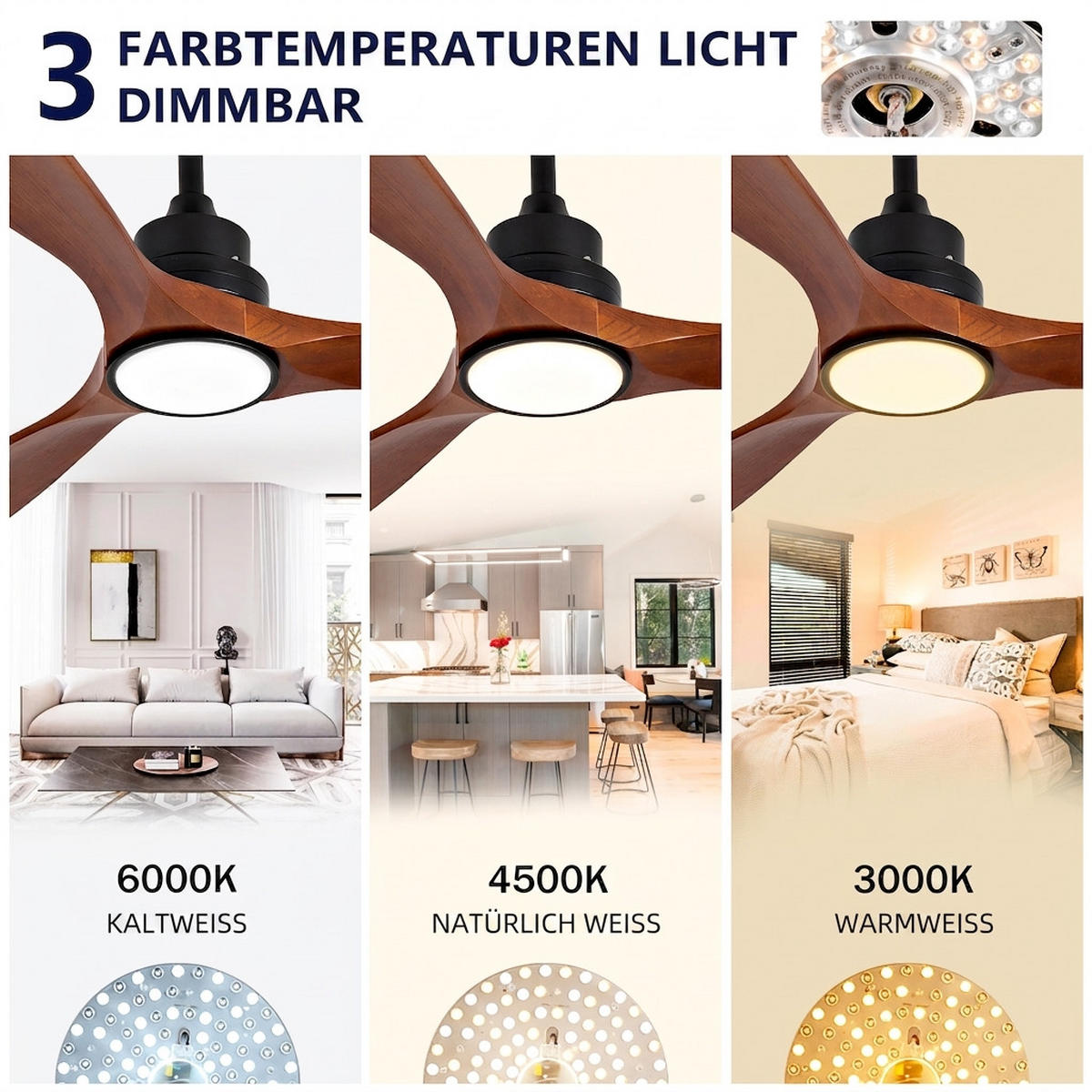 DECKENVENTILATOR & 3 Holzflügeln, 3-Stufen Dimmer, DC-Motor(35dB) - Schwarz, Holzwerkstoff (132/132/45.7cm) - BEXEVUE