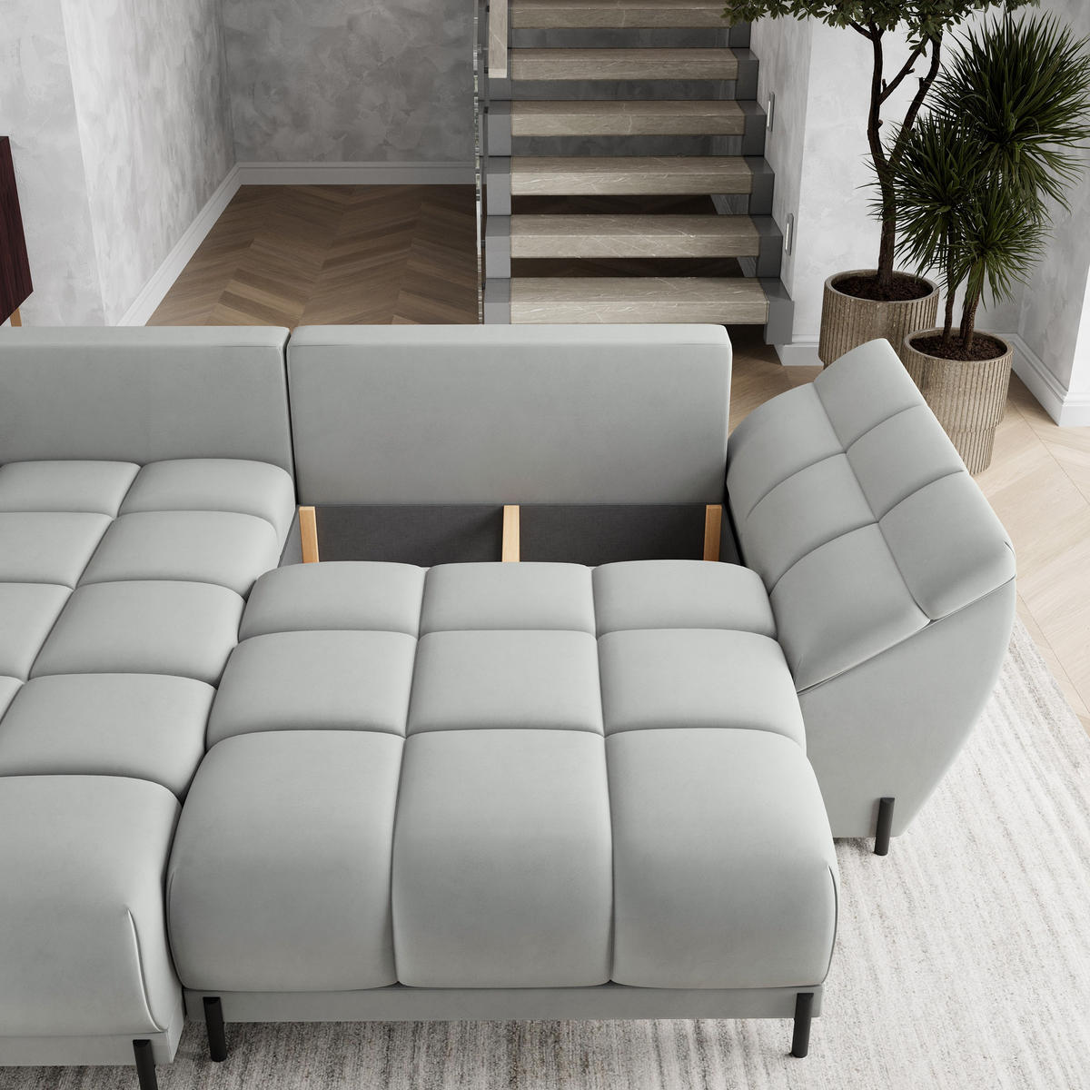 ECKSOFA VESTANO L-S Grau Velours-Stoff mit Schlaffunktion - Grau, Holz (287/182cm) - MASSENO