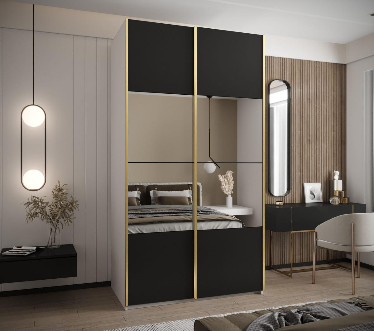 SCHWEBETÜRENSCHRANK 245,5/140/64 2-türig - Goldfarben/Schwarz, Holz/Metall (140/245/64cm) - Abiks Möbel