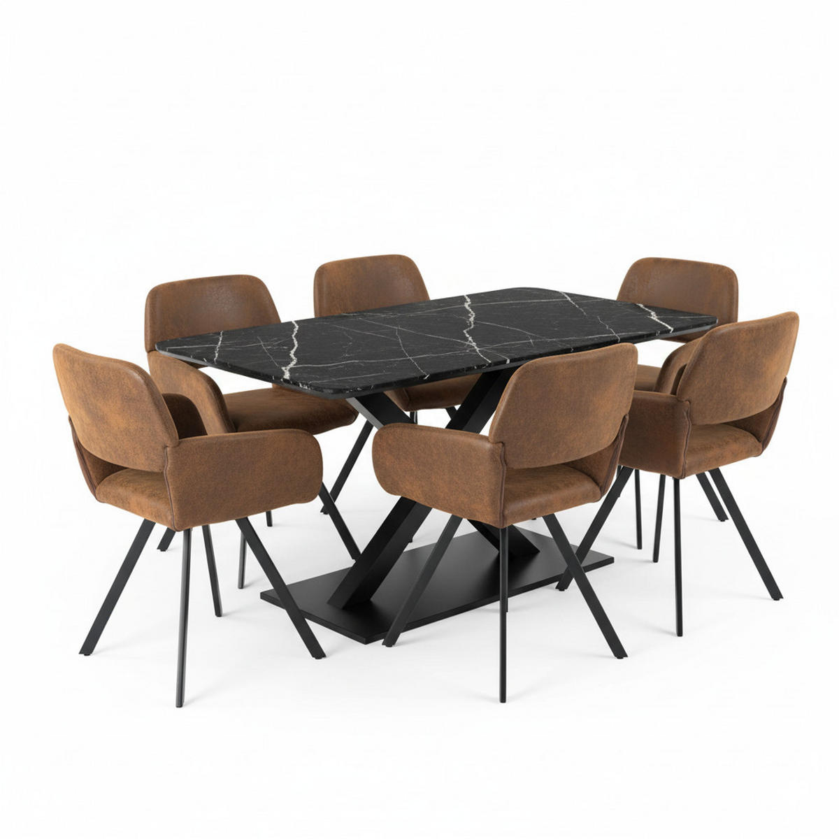 TISCHGRUPPE 7-teilig Ausziehtisch Schwarz Marmoroptik & 6x 360° Drehstühle in Vintage Braun - Schwarz, Holzwerkstoff/Textil (160/75/80cm) - Urban Meuble