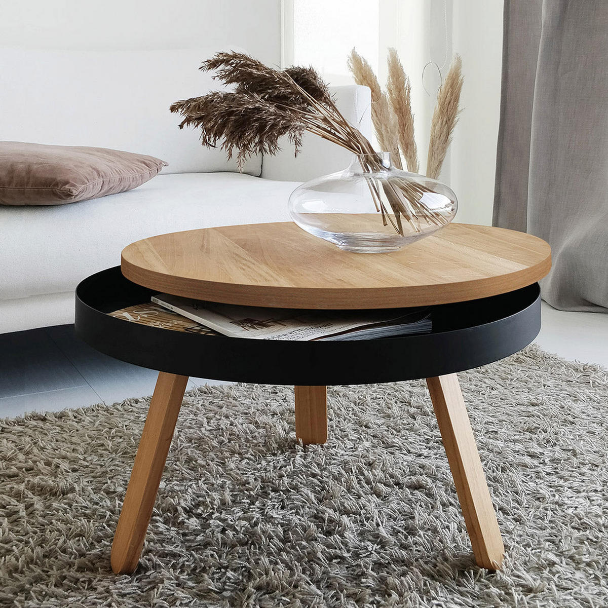 COUCHTISCH Batea M mit Stauraum - Eichefarben/Schwarz, Holz (62/62/35cm) - Woodendot