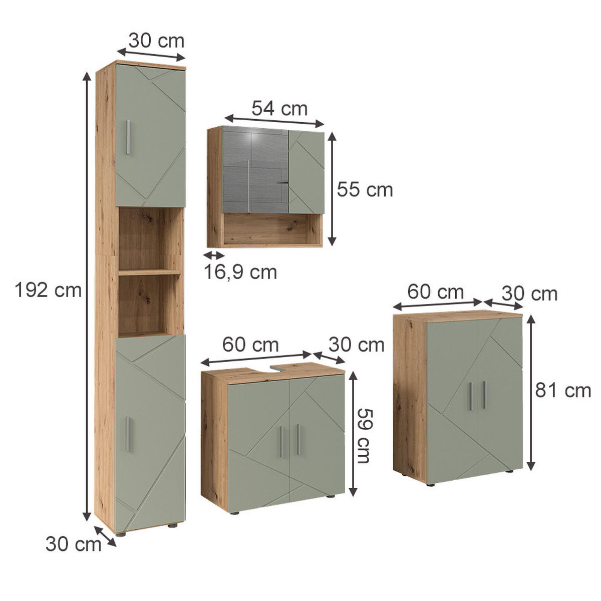 BADMÖBEL-SET Irma Salbeigrün 4 Teile - Salbeigrün, Holzwerkstoff (60/59/30cm) - Vicco