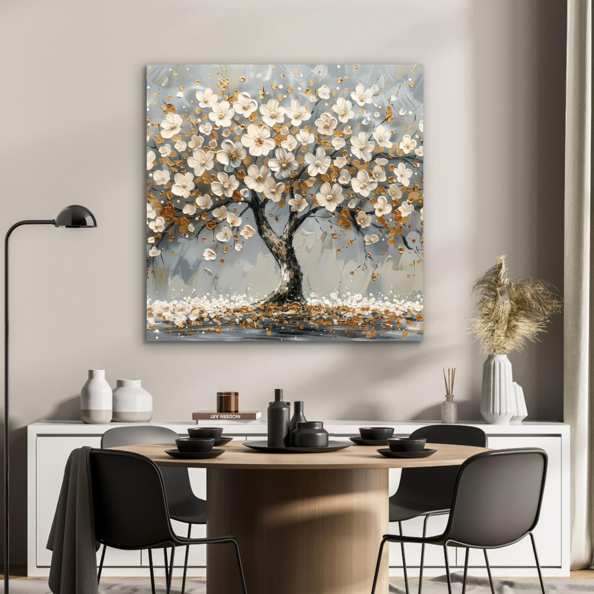 KOVOVÝ OBRAZ Strom - Kvety - Biela - Príroda - Umenie 90x90 cm - biela, kov (90/90cm) - MuchoWow