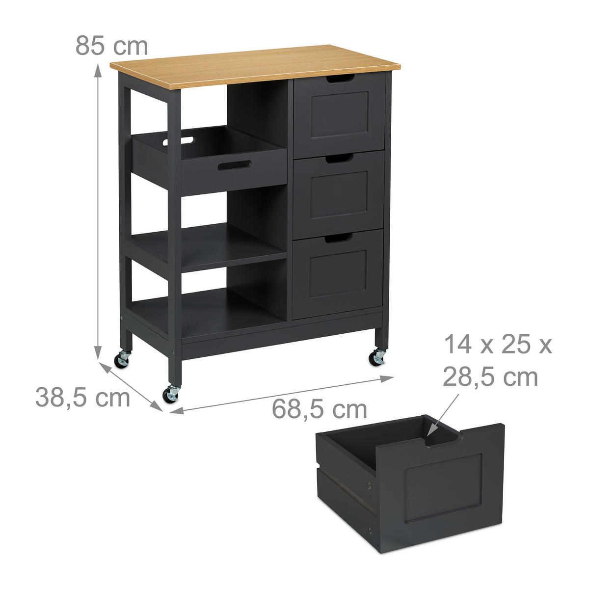 KÜCHENWAGEN - Grau, Holz/Holzwerkstoff (68.5/85/38.5cm) - Relaxdays
