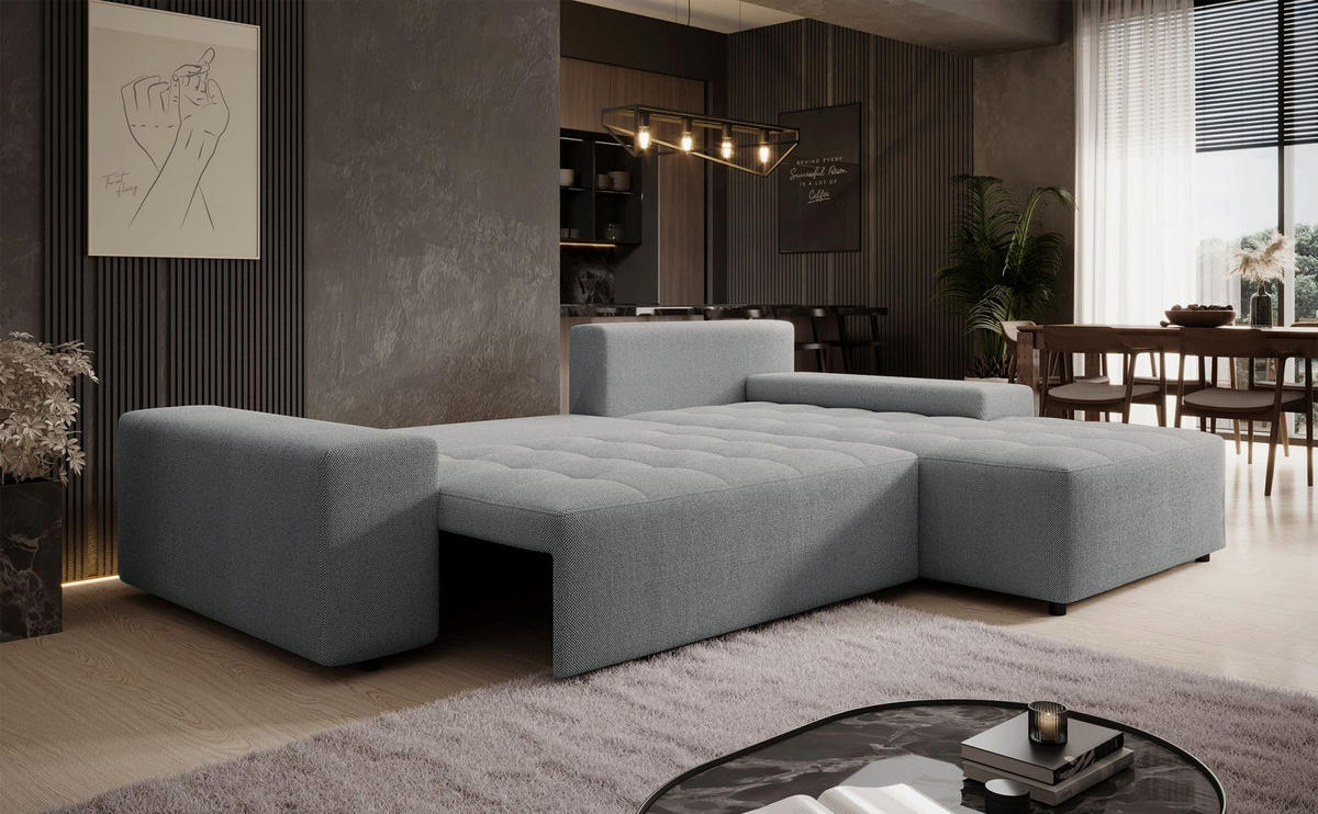 ECKSOFA Neluro Hellgrau Chenille wasserabweisend - Hellgrau/Schwarz, Kunststoff/Textil (268/184cm) - Selsey
