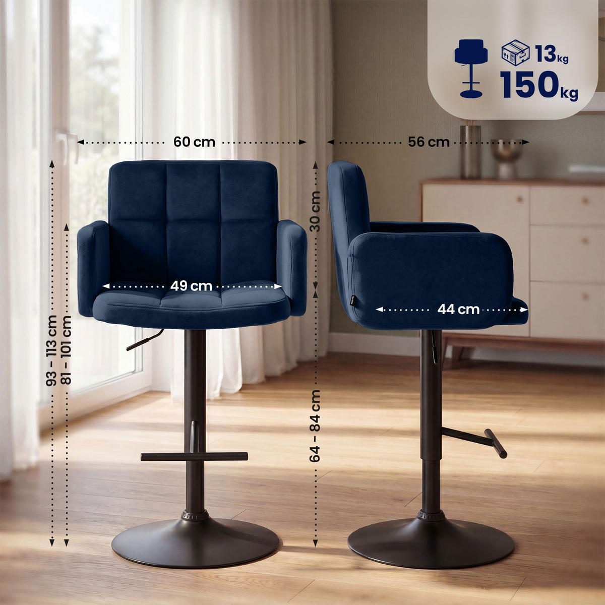 BARHOCKER 2 Samt Blau - Blau/Schwarz, Textil/Metall (60/93/56cm) - CLP