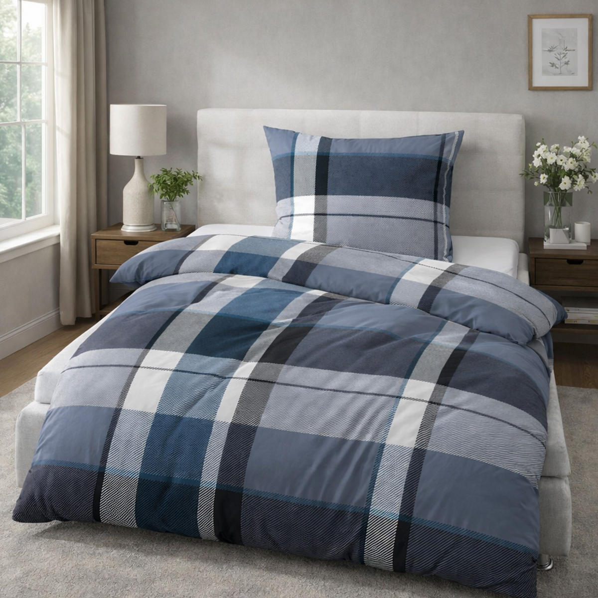 BETTWÄSCHE Feinbiber Herbst/Winter 135x200 cm Blau (Kariert) - Blaugrau, Textil (135/200cm) - Bestlivings