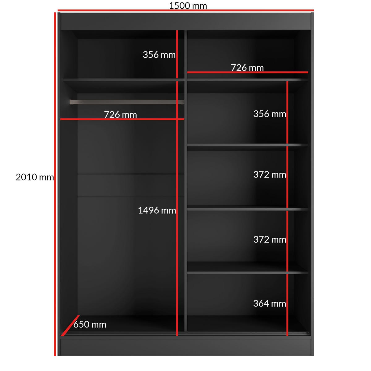 SCHIEBETÜRENSCHRANK mit Spiegel Como 2D1L 150 Schwarz (lacobel) - Silberfarben/Schwarz, Holzwerkstoff/Metall (150/201/65cm) - mzm24
