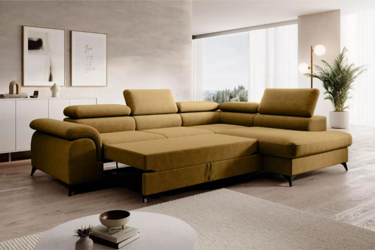 ECKSOFA PLAZA L Rechts mit Schlaffunktion 125x195 Velours Gold - Gelb/Schwarz, Holz/Kunststoff (275/205cm) - Muffo