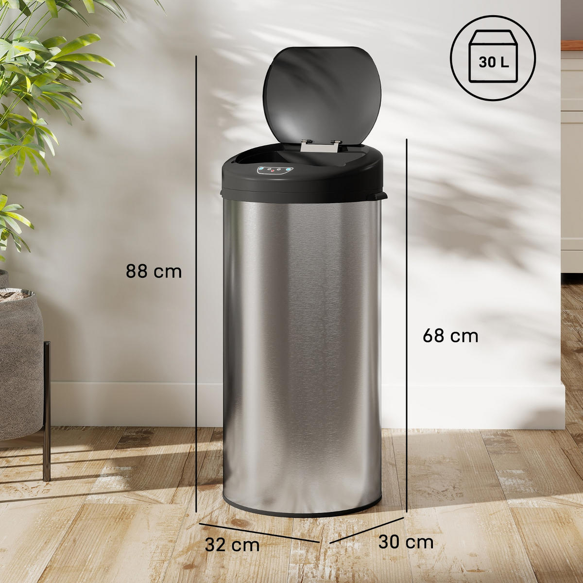 MÜLLEIMER AUTOMATISCHER SENSOR 32/30/68 cm Edelstahl Silber Softclose Küche - Silberfarben, Metall (30/68/32cm) - Rolipo