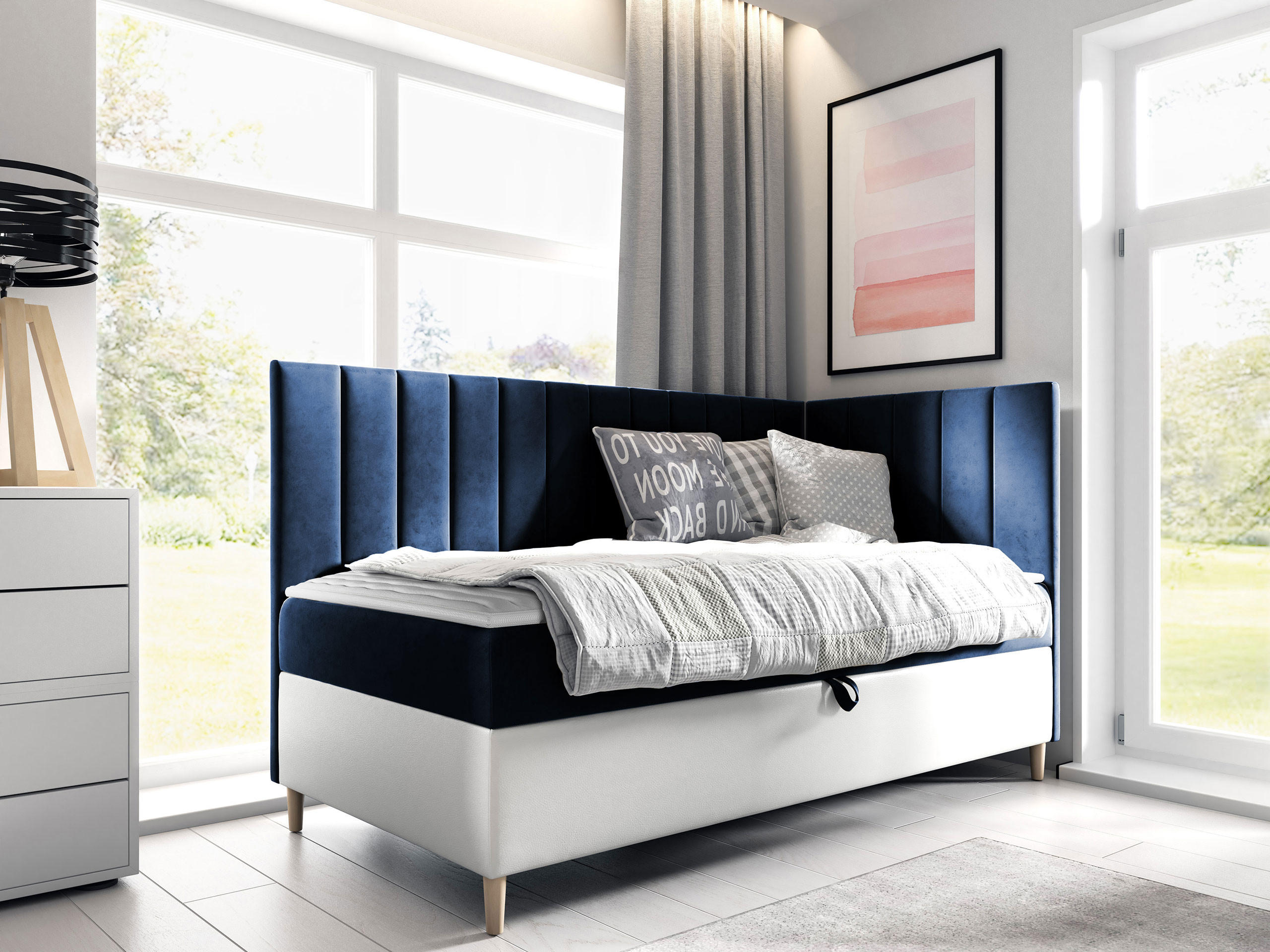 BOXBETT Maja Junior 3, Seite zum Öffnen des Bettkastens: Rechts - Blau/Weiß, Holz (100/200cm) - MIRJAN24