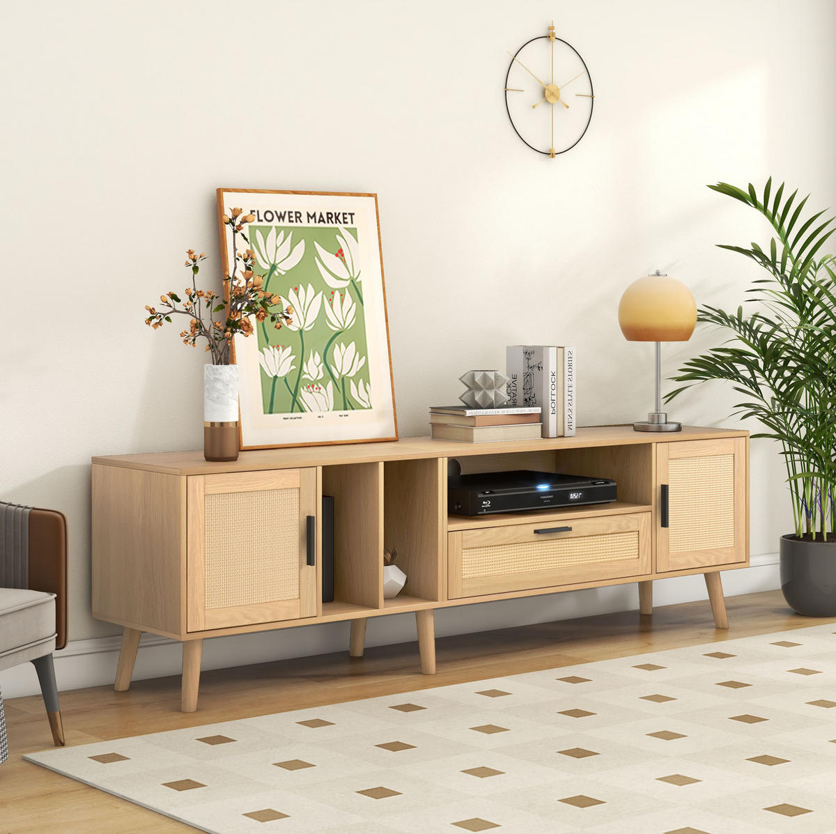 TV-ELEMENT mit Rattan-Dekor 180 cm Holzoptik mit 2 Türen und 1 Schublade - Braun, Holzwerkstoff (40/54/180cm) - Beauniv