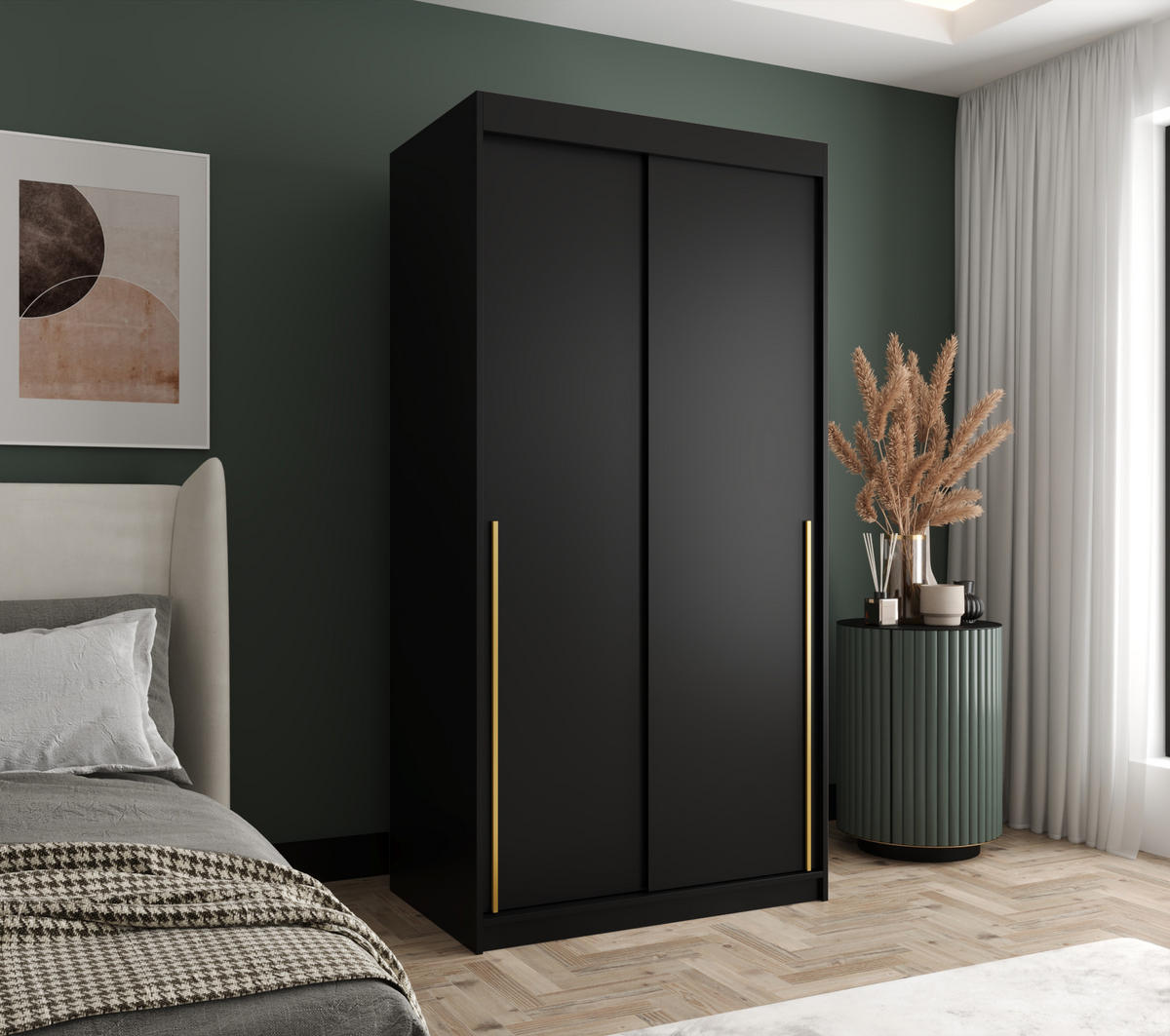 SCHIEBETÜRENSCHRANK 100 cm Breite, schwarz mit goldenem Griff - Goldfarben/Schwarz, Holzwerkstoff (100/200/62cm) - Home Collective