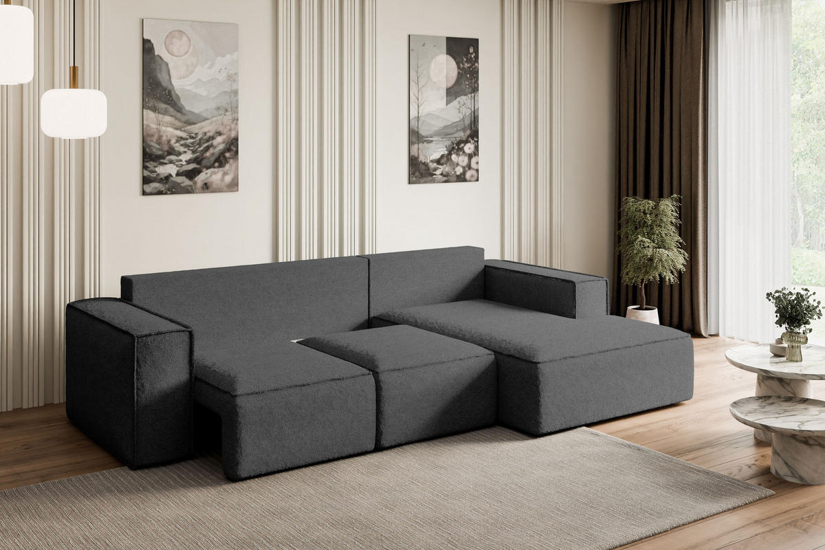ECKSOFA mit Schlaffunktion und Bettkasten SERRA-L-S - 266x161x87 cm Grau Bouclé - Schwarz/Grau, Holzwerkstoff/Kunststoff (266/161cm) - ALTDECOR