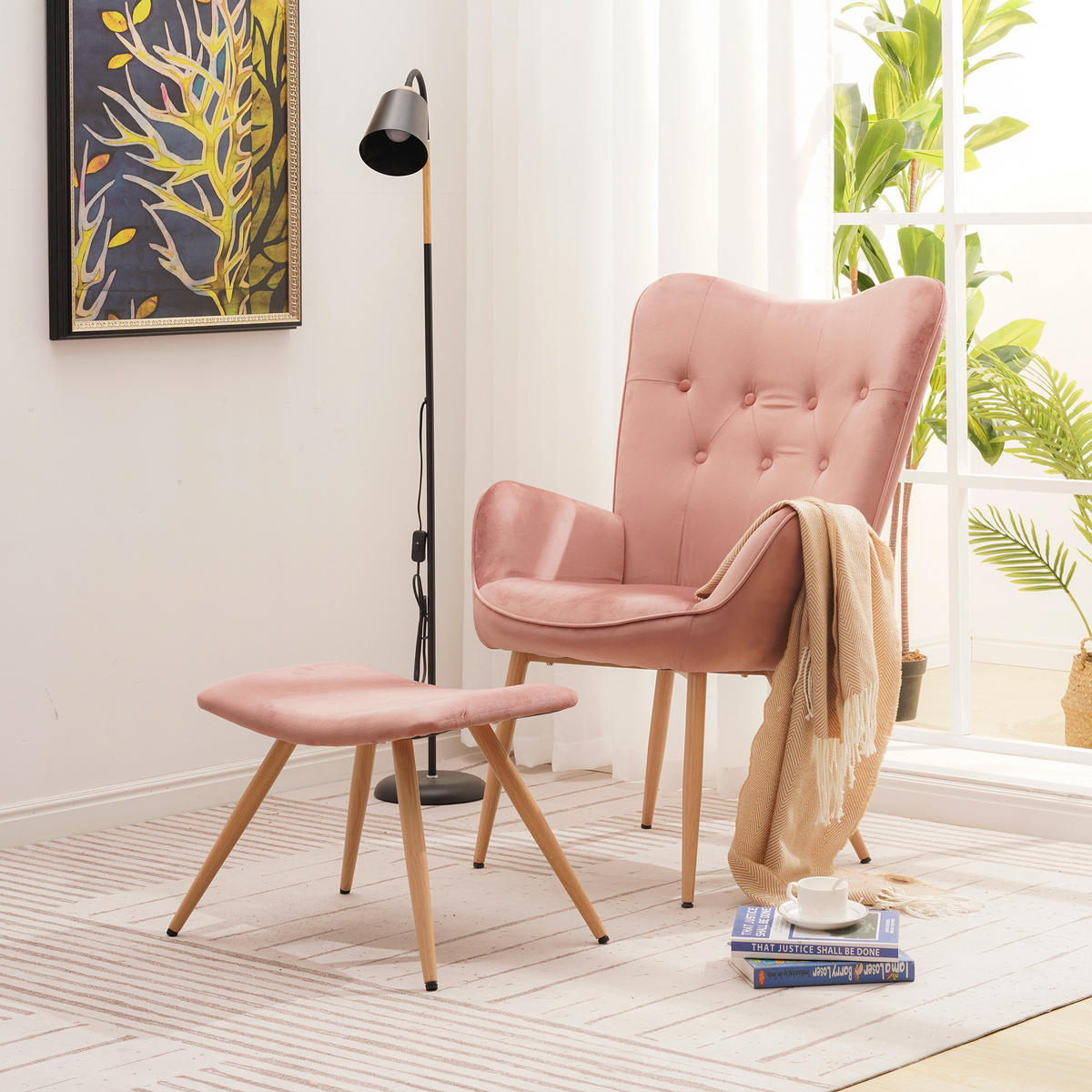 RELAXSESSELSET YORK Samt Bezug mit Hocker, Rosa - Rosa, Metall (67/100/48cm) - Albatros