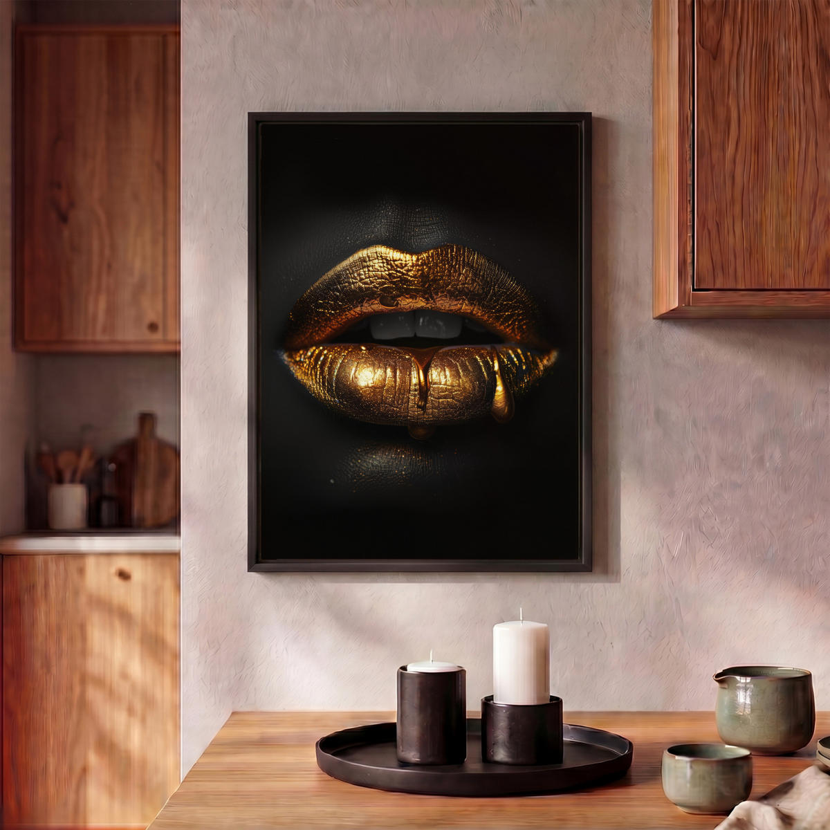 LEINWAND Bilder mit Rahmen - Frau - Porträt - Lippen - Gold - Schwarz - 30x40 - Schwarz, Textil (30/40cm) - MuchoWow