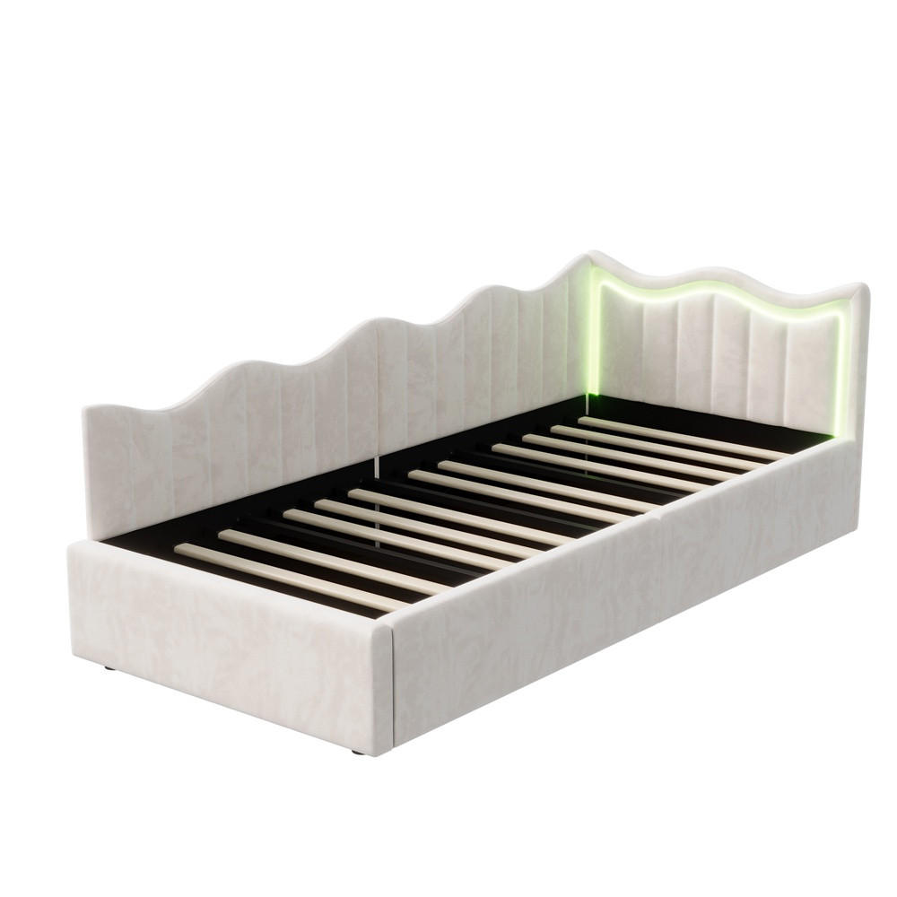EINZELBETT 90x200cm - Polsterbett mit hydraulischem Stauraum und LED-Beleuchtung - ohne Matratze - Creme-Weiß - Beige, Textil (90/200cm) - DELFA