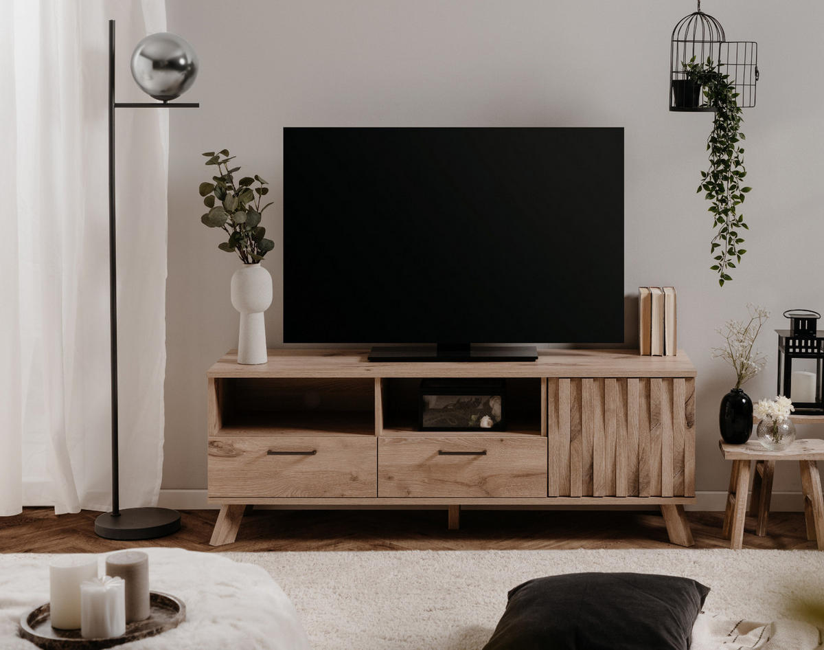 TV-LOWBOARD Eiche 140 cm, TV Unterteil mit 3D-Relief und Push-to-Open - Eichefarben/Messingfarben, Holzwerkstoff/Metall (140/50/40cm) - Furn.Design