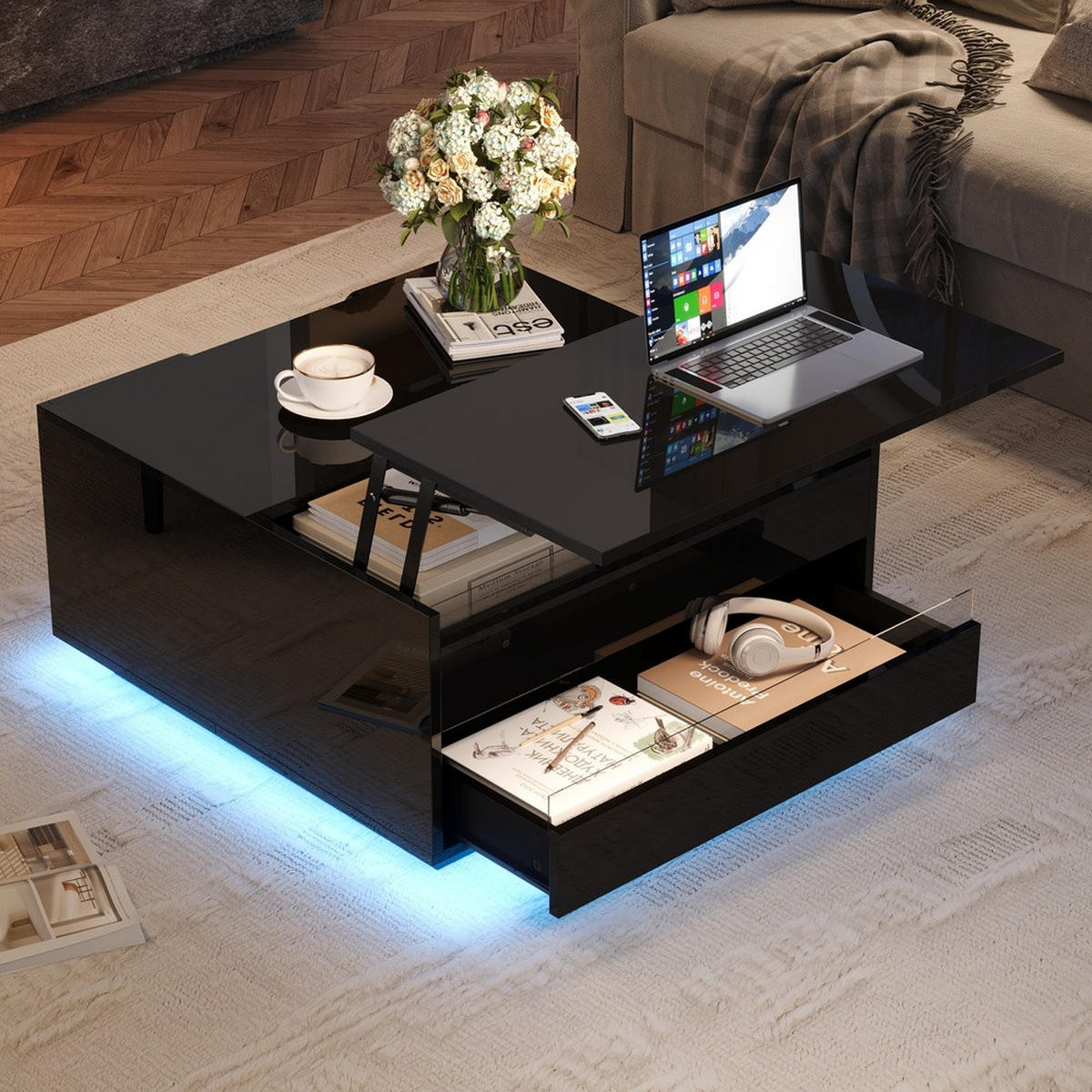 COUCHTISCH 70x70cm Schwarz Anhebbar LED Hochglanz Schublade Stauraum - Schwarz, Holz (94.67/46.46/19.13cm) - FLIEKS