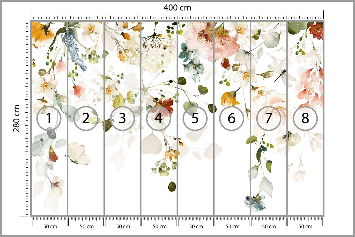 FOTOTAPETE für Schlafzimmer Bunte Zarte Blumen Blätter Pastell 400x280 - Ecru/Beige, Papier (400/280cm) - Muralo