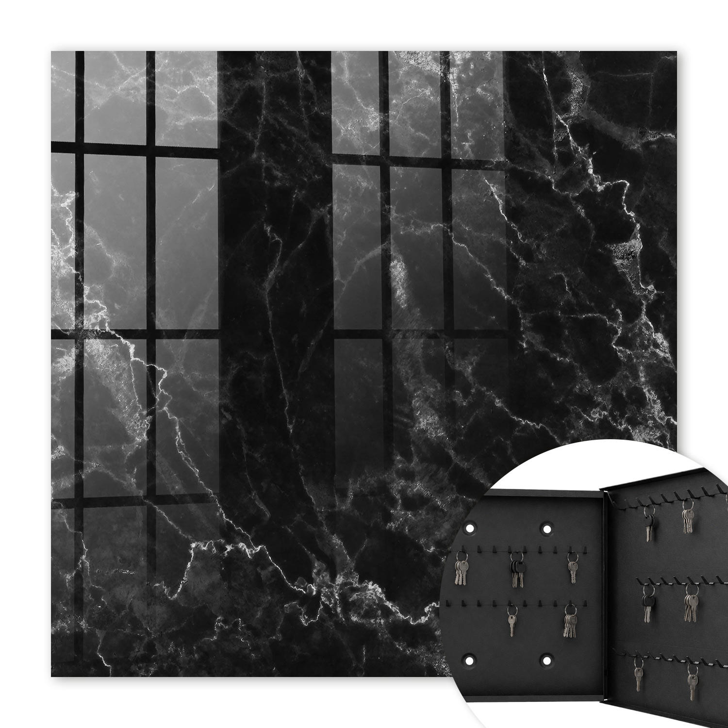 SCHLÜSSELBOX Schwarz 30x30 cm- Türöffnung nach rechts - Marmormuster - Schwarz, Metall (30/30/5cm) - TULUP