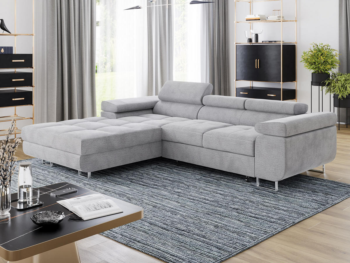 ECKSOFA VEMO CORE Links Hellgrau Velours-Stoff mit Schlaffunktion und Bettkasten - Hellgrau, Holz/Metall (280/205cm) - Barchello