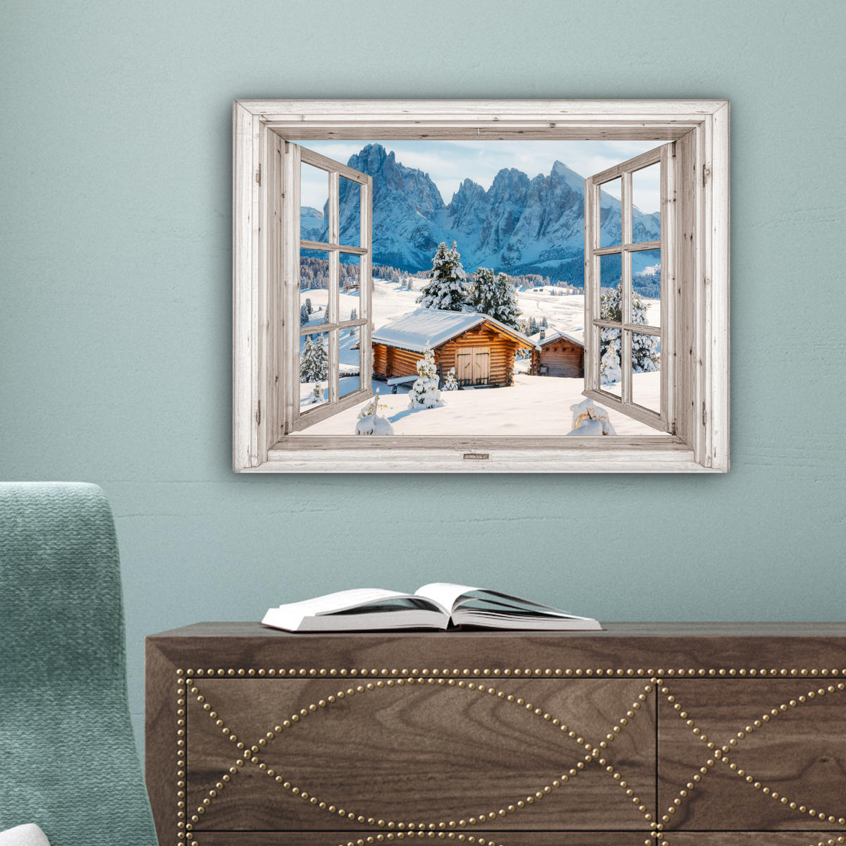 LEINWANDBILD Winterlandschaft - Hütte - Berge - Ausblicke - Aussicht - Natur 40x30 cm - Weiß Hochglanz, Textil (40/30cm) - MuchoWow