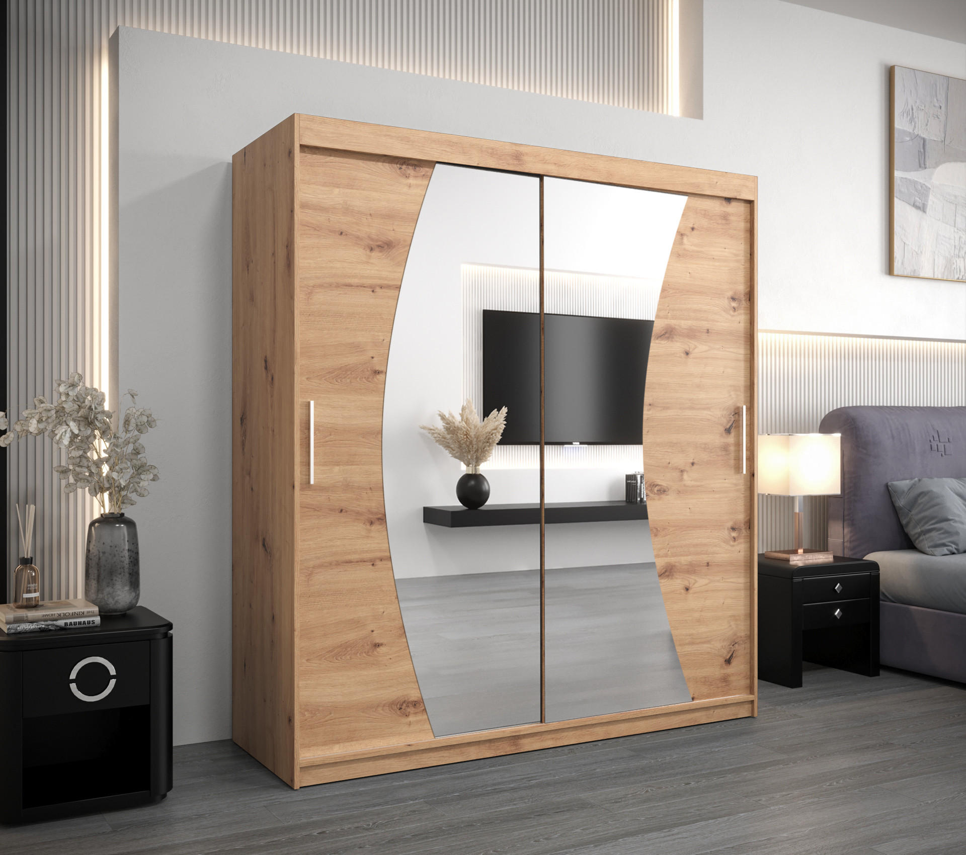 SCHWEBETÜRENSCHRANK 200/180/62 2-türig - Silberfarben/Eiche Artisan, Holz/Kunststoff (180/200/62cm) - Abiks Möbel