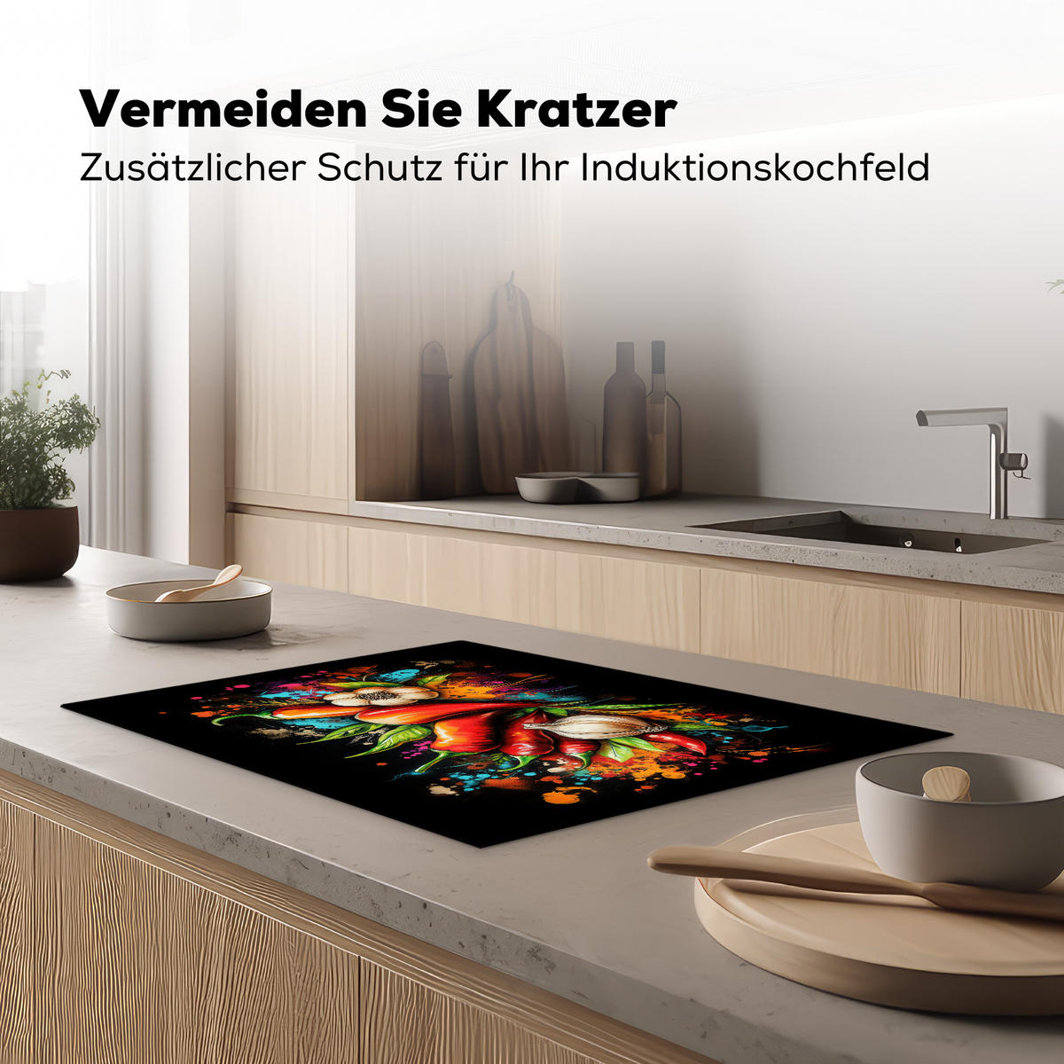 HERDABDECKPLATTE Gemüse - Paprika - Knoblauch - Graffiti - Farbe - Bunt 75x52 cm - Rot, Kunststoff (75/52/0.2cm) - MuchoWow