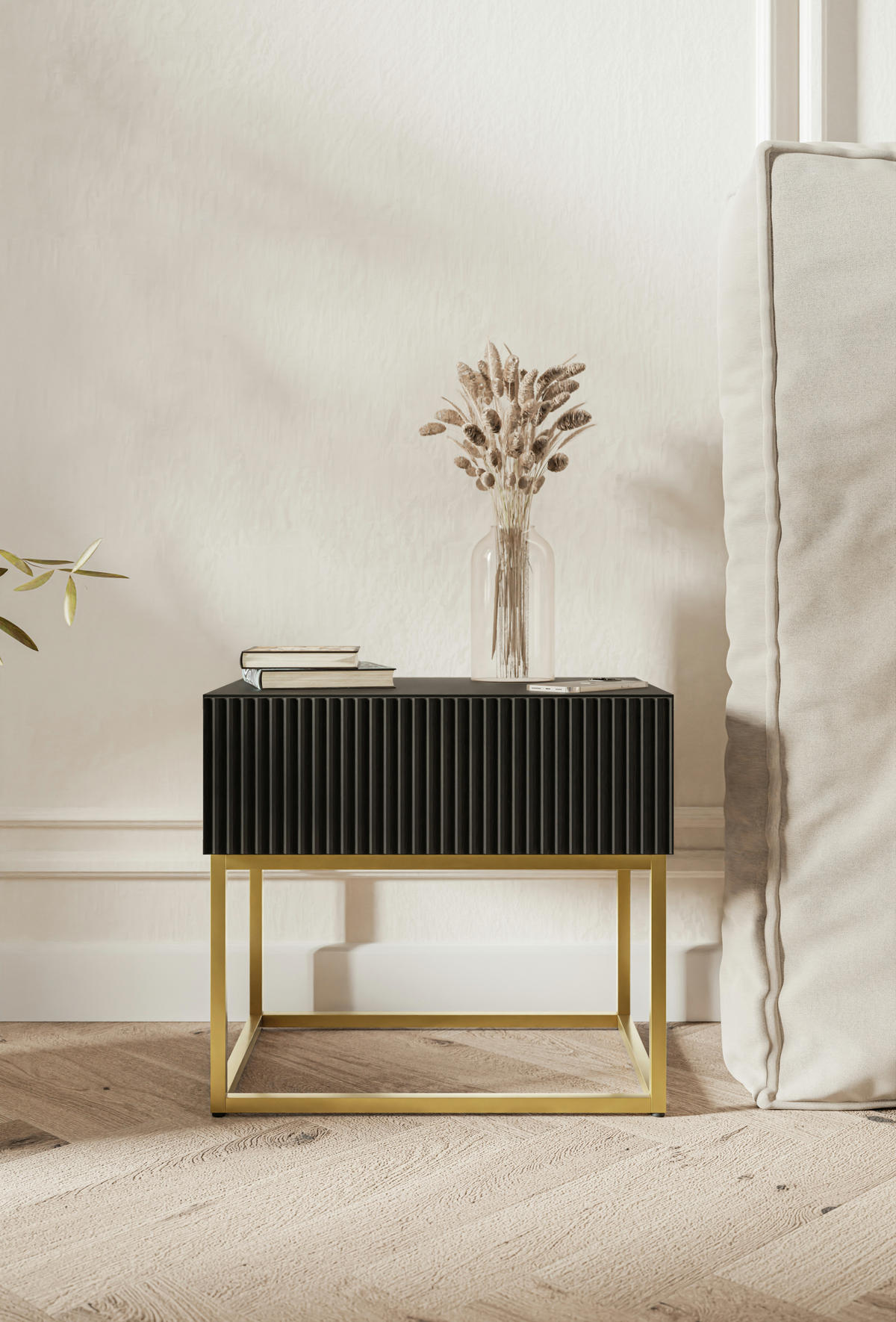 NACHTSCHRANK Veldio Schwarz mit goldenen Metallbeinen 50 cm - Goldfarben/Schwarz, Holzwerkstoff/Metall (50/44/35.6cm) - Selsey
