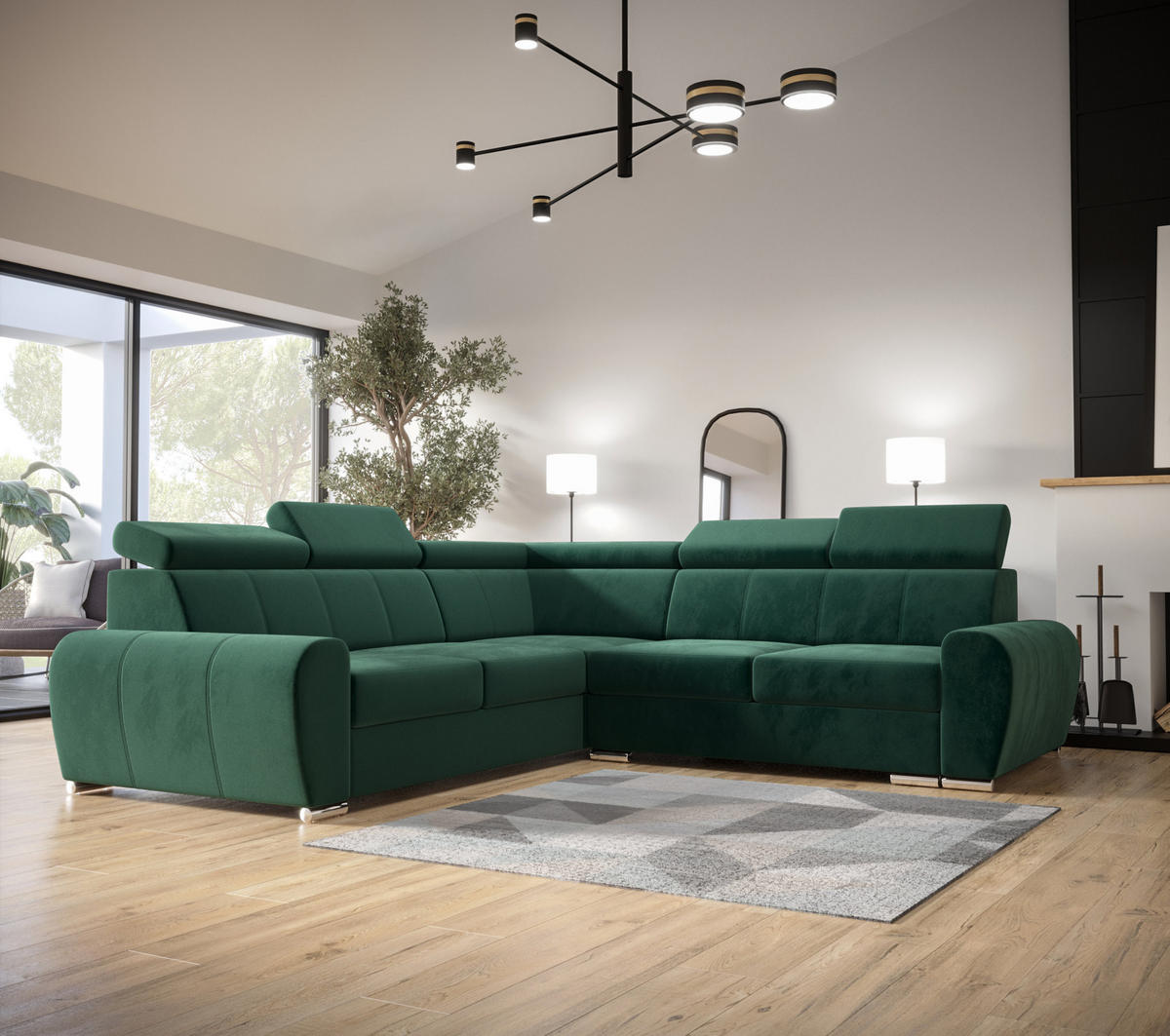 ECKSOFA APOLLO KN09, Eckcouch in L-Form mit Schlaffunktion, Farbe: Grün, Velourstoff, Ottomane Links - Grün, Textil (255/255cm) - O-Sofa