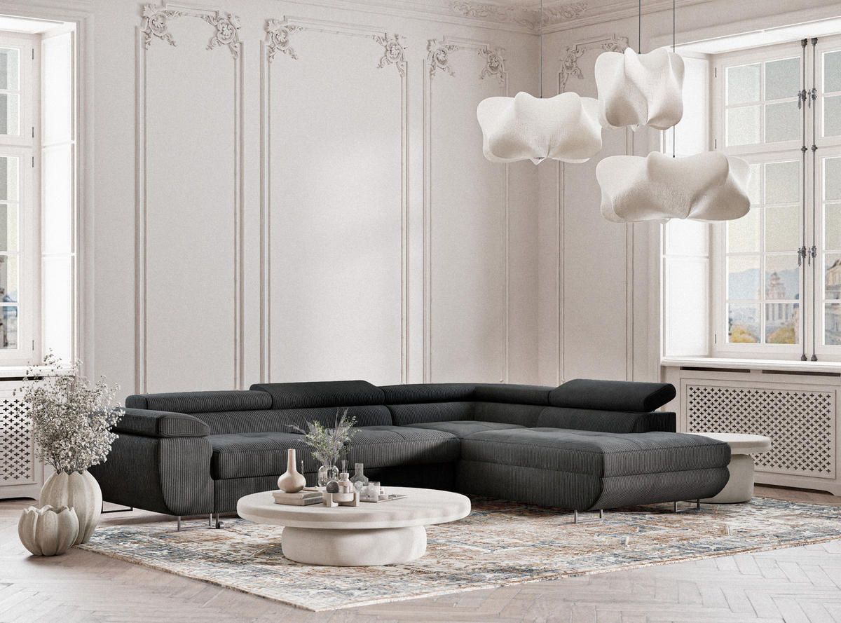 ECKSOFA MIT SCHLAFFUNKTION Concord Anthrazit Samtstoff - Anthrazit/Schwarz, Holz/Holzwerkstoff (277/203cm) - Maison de Reve