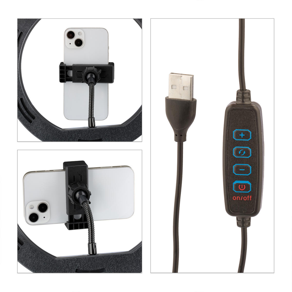 RINGLEUCHTE Weiß Schwarz LED dimmbar Stativ 25 cm Smartphonehalter - Multicolor, Kunststoff/Metall (50/50/153cm) - Relaxdays