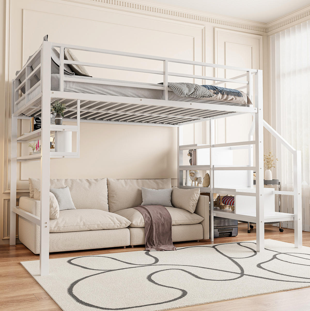 HOCHBETT 140/200 cm Weiß aus Metall mit Stauraumleiter - Weiß, Metall (140/200cm) - OKMYHOME