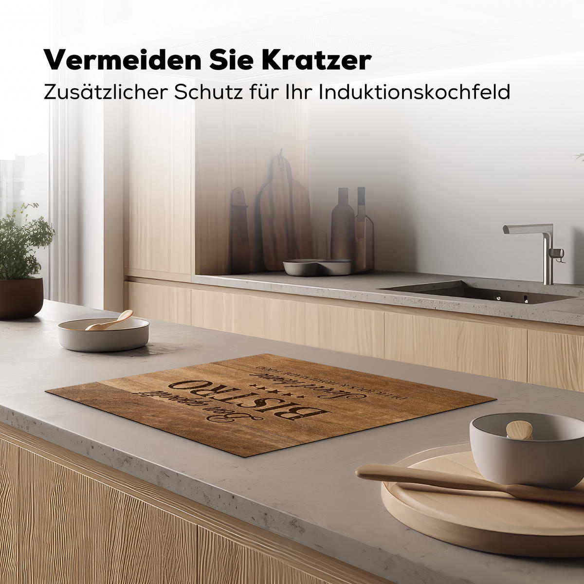 HERDABDECKPLATTE Zitat - Bistro - Guten Appetit - Süßes Zuhause - Holzmaserung Herdabdeckung Induktionsfeld 65x52 cm - Braun, Kunststoff (65/52/0.2cm) - MuchoWow