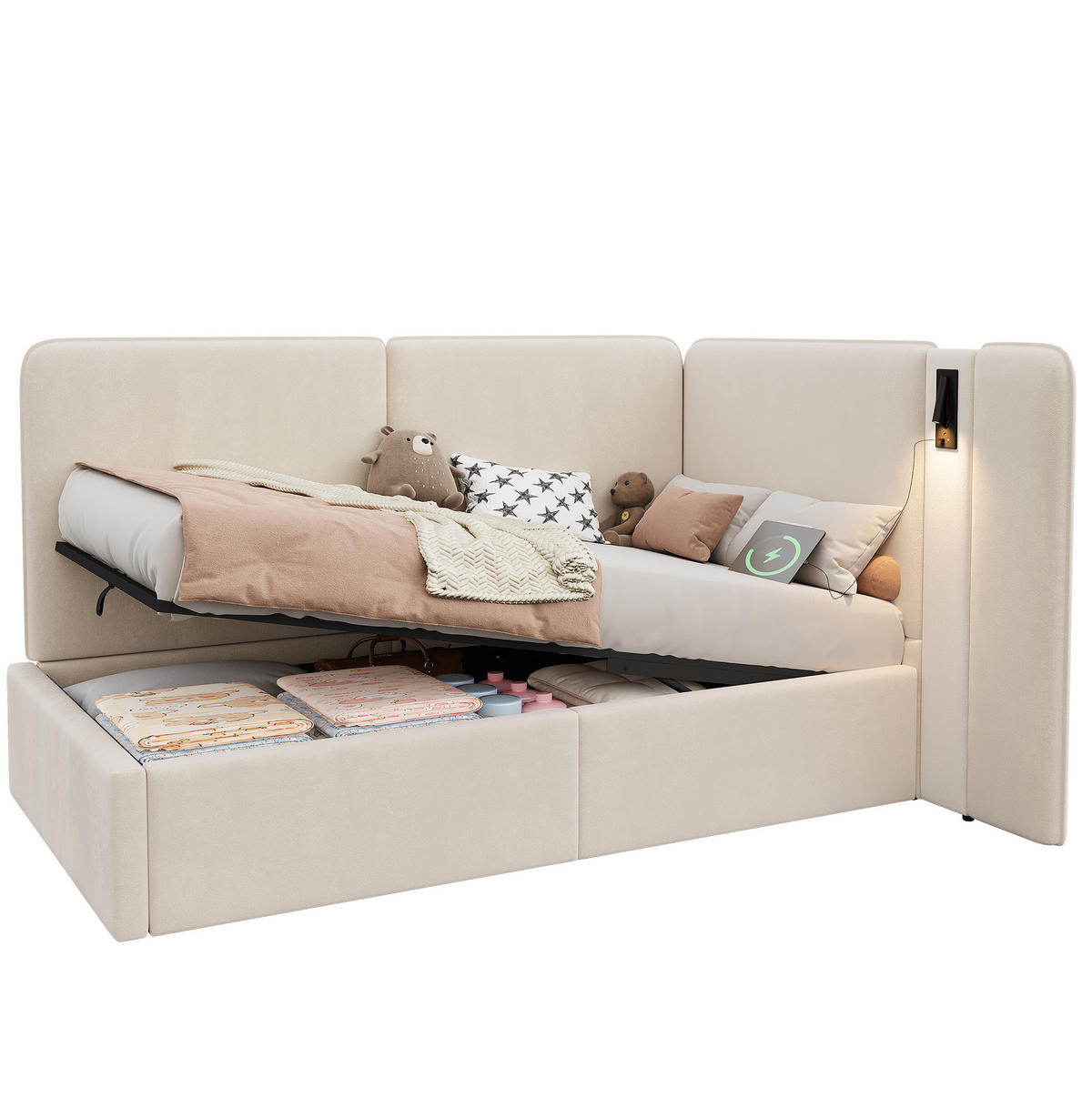 POLNJENA postelja iz žameta 90x200 cm bež s hidravličnim predalom, bralno svetilko, USB in Type-C priključkom - bež, tekstil (90/200cm) - Modfu