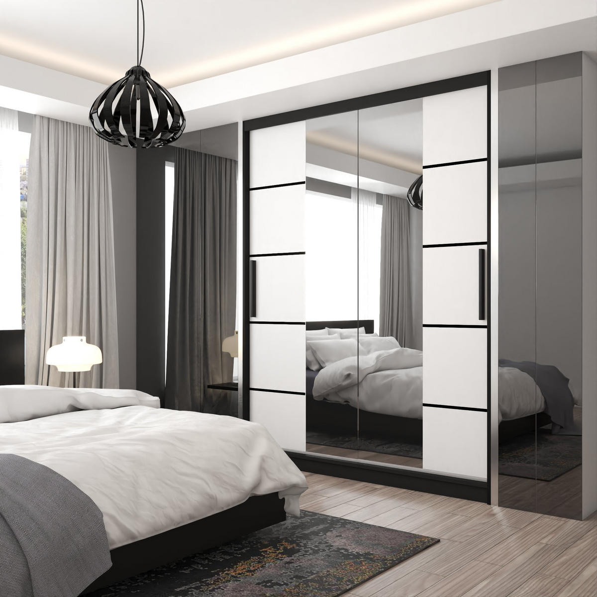 BELINI Verona, komoda s posuvnými dverami, 158 cm, čierno-biela, matný povrch – šatová skriňa so zrkadlom a 2 zásuvkami, vhodná do spálne - biela, drevo (158/216/60cm) - B BELINI GROUP
