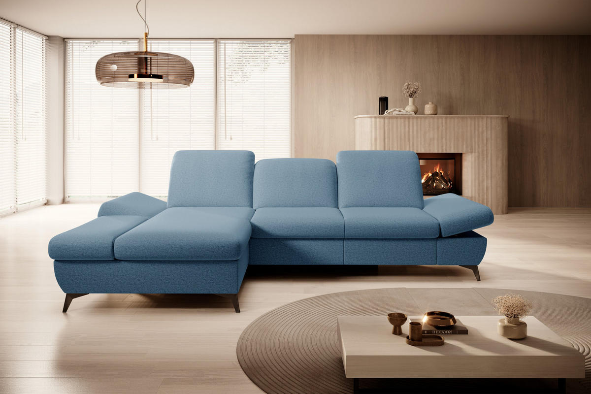 ECKSOFA FELICE L-S Blau Geflochtener Stoff mit Schlaffunktion - Blau, Holz (284/166cm) - MASSENO