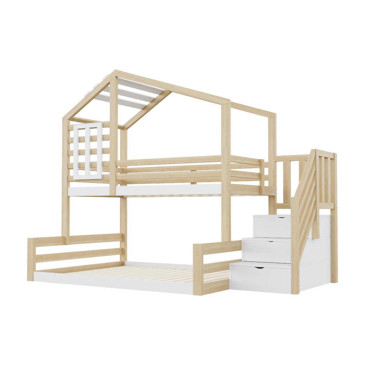 ETAGENBETT 90/200 cm Natur aus Kiefernholz mit Fenster und Stauraumtreppe - Naturfarben, Holz (90/200cm) - OKWISH