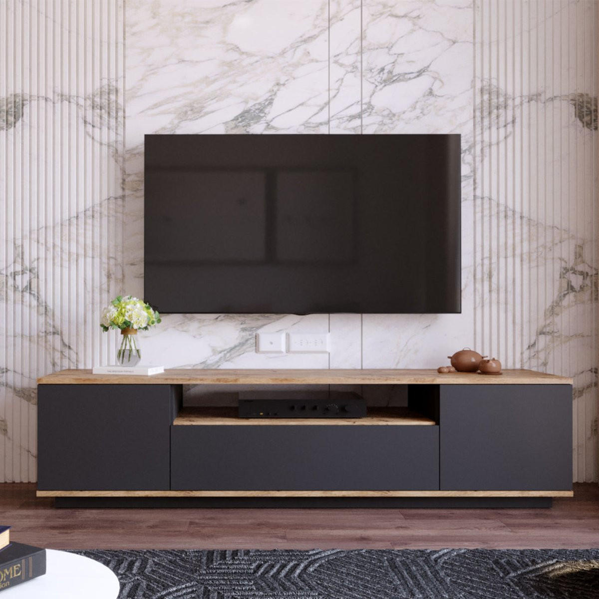 TV-MÖBEL mit 3 Türen - L180 cm - Eiche Artisan/Grau, Holz/Holzwerkstoff (44.5/44.6/180cm) - Calicosy