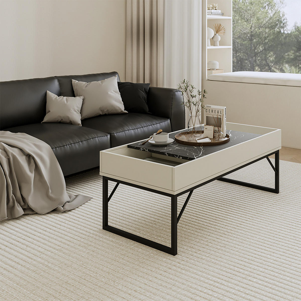 COUCHTISCH Lunero Creme-Weiß 105 x 50 cm - Weiß Hochglanz/Creme, Holzwerkstoff (50/105/40cm) - Vicco