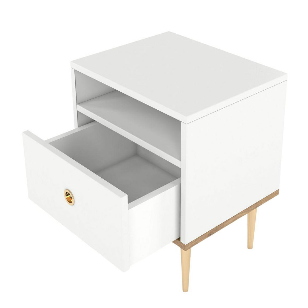 NACHTTISCH Harmoni, Weiß, Eiche, Goldene Details - Goldfarben/Weiß, Holzwerkstoff/Metall (44/54/38cm) - Skandica