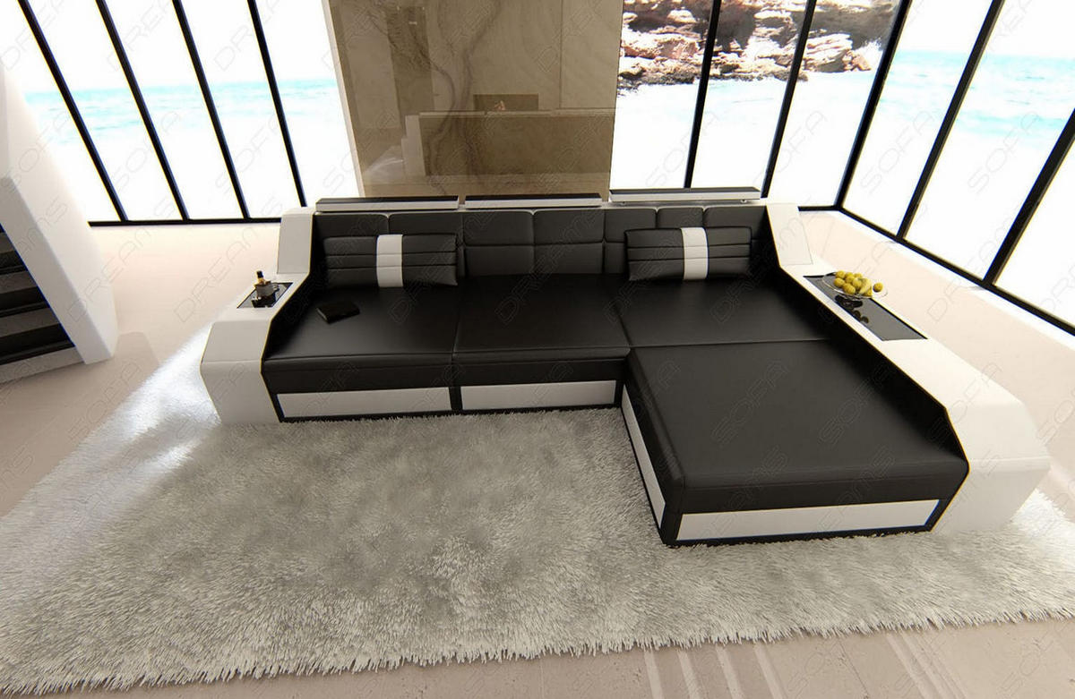COUCH Arezzo L Schwarz Weiß Ledermix - Schwarz, Textil (308/194cm)